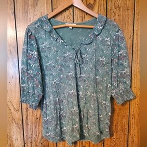 LUCKY BRAND Green Floral Short Sleeve Blouse - Large